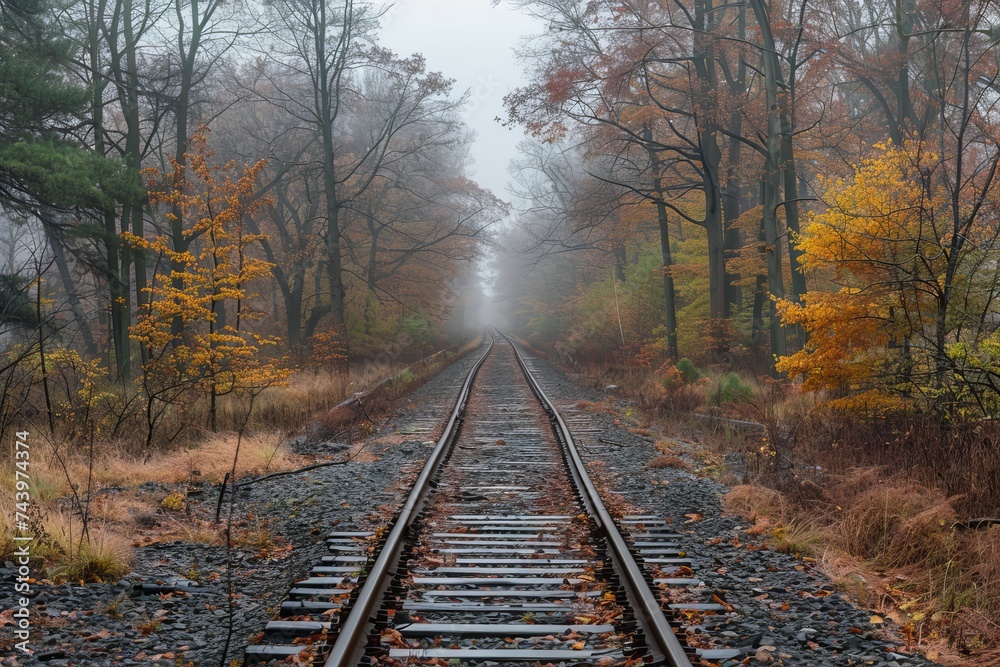 A VetalVit Railroad train track disappears into the dense forest, surrounded by tall trees and undergrowth. The scene is enveloped in a misty atmosphere, creating a sense of mystery and adventure