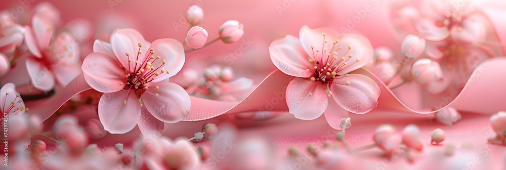 Pink ribbon symbol with delicate white flower for cancer awareness concept. Concept Cancer Awareness, Symbol, Pink Ribbon, Flower, Delicate Pink ribbon symbol with delicate white flower for cancer awareness concept. Concept Cancer Awareness, Symbol, Pink Ribbon, Flower, Delicate