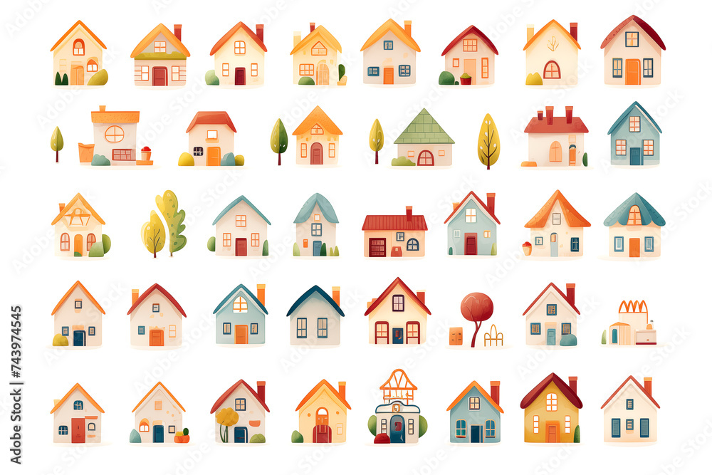 Set of different watercolor colorful houses isolated on white background. Clipart bundle, hand drawn set