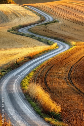 A road meanders through a vast wheat field, creating a picturesque scene in a rural countryside setting. The golden wheat sways in the wind as the road twists and turns