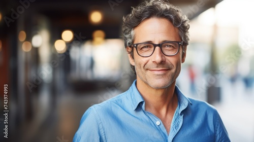 A close-up portrait of a smiling smart mature middle-aged man, a businessman wearing fashionable glasses and looking at the camera on a street background with a copy space. © liliyabatyrova