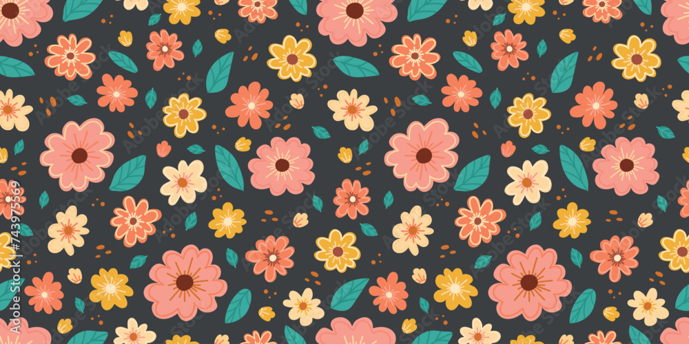 Spring flowers and leaves seamless pattern. Colorful garden flowers in a row. Vector floral pattern in doodle style with flowers and leaves. Spring flowers and leaves seamless pattern. Colorful garden flowers in a row. Vector floral pattern in doodle style with flowers and leaves.