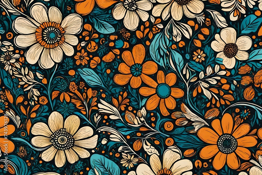 Zoomed-in on a section of a groovy 60s-inspired floral print on a fabric, highlighting its intricate and bold design. Zoomed-in on a section of a groovy 60s-inspired floral print on a fabric, highlighting its intricate and bold design.