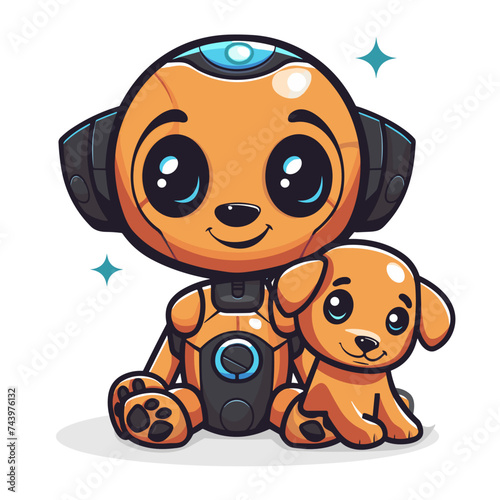 Cute cartoon robot with a dog. Vector illustration on white background.