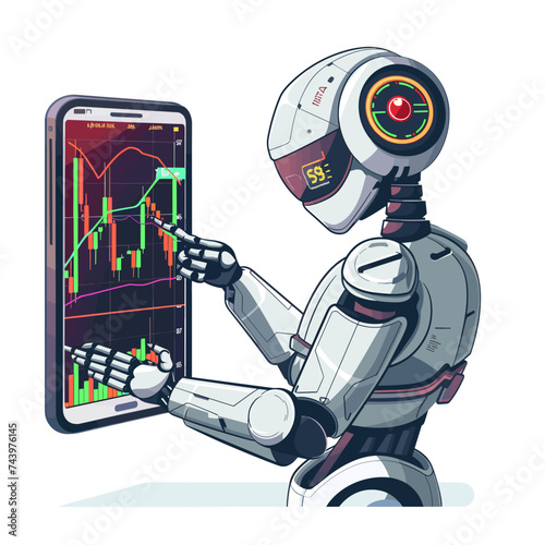 robot trader holding smartphone with stock chart. Vector illustration in cartoon style