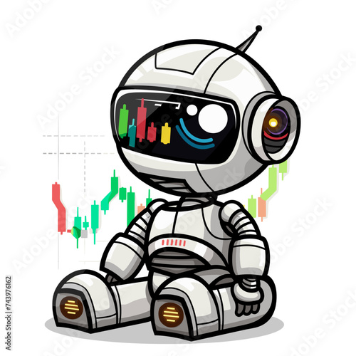 Vector illustration of a cute robot trader sitting on the background of stock charts