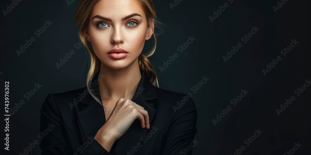 Charming sensual boss female studio photo with copyspace, big beautiful eyes, tender lips, half body photo, professional studio shoot Charming sensual boss female studio photo with copyspace, big beautiful eyes, tender lips, half body photo, professional studio shoot