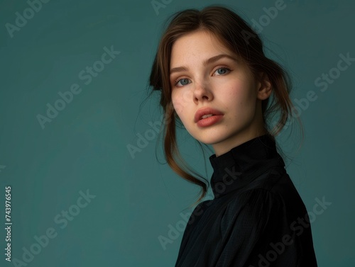 Charming sensual female in modern clothes studio photo on vivid background with copyspace, big beautiful eyes, tender lips, half body photo, professional studio shoot