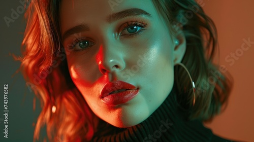 Charming sensual female in modern clothes studio photo on vivid background with copyspace  big beautiful eyes  tender lips  half body photo  professional studio shoot