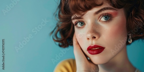Charming sensual female studio photo with copyspace in style of 40-50s of the 20th century, big beautiful eyes, tender lips, half body photo, professional studio shoot