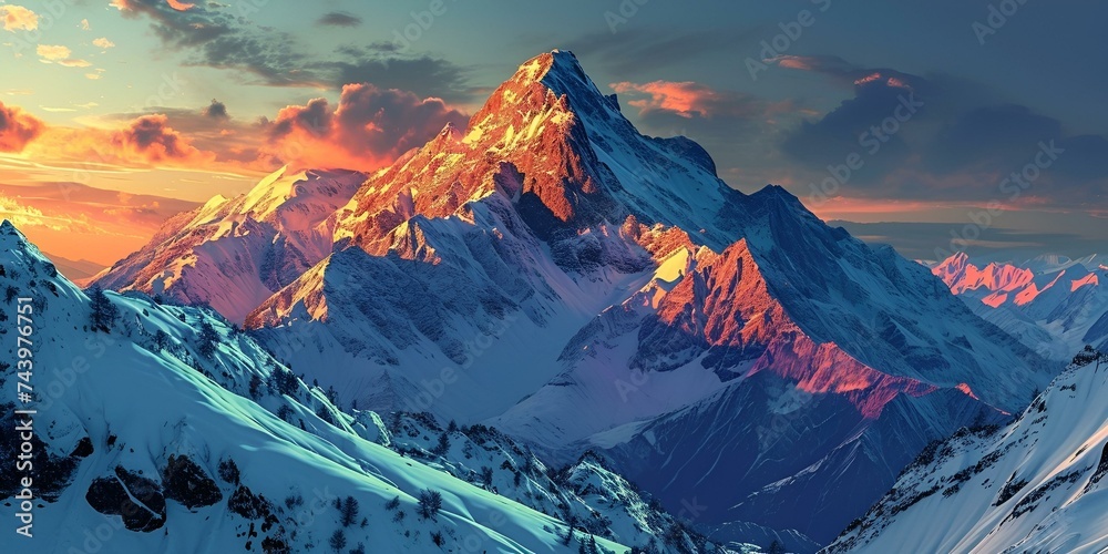 Alpine mountain lit up in a winter sunset. Creative Banner