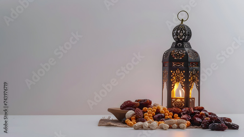 Ramadan background design colorful lantern lamp with dates and tasbih isolated on beige background  Islamic concept Ramadan and Eid Mubarak image