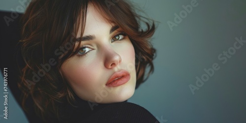 Charming sensual female studio photo with copyspace in style of 50-60s of the 20th century  big beautiful eyes  tender lips  half body photo  professional studio shoot