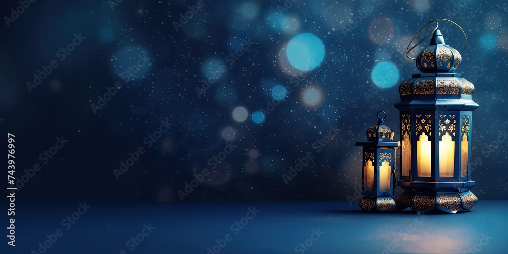 The theme of Eid-al-Adha, the Feast of Sacrifice. Image of an Arabic lantern. Place for text. Generative AI The theme of Eid-al-Adha, the Feast of Sacrifice. Image of an Arabic lantern. Place for text. Generative AI