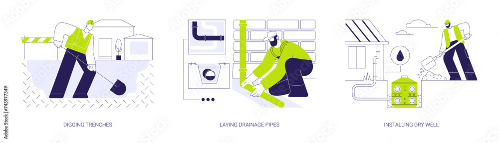 Obraz premium Drainage system installation abstract concept vector illustrations.