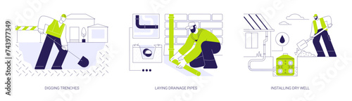 Drainage system installation abstract concept vector illustrations.