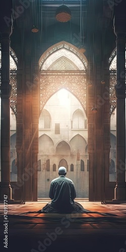 The theme of Eid-al-Adha, the Feast of Sacrifice. A man prays in a mosque. Place for text. Generative AI