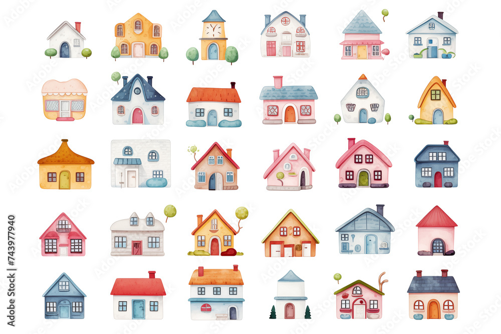 Set of different watercolor colorful houses isolated on white background. Clipart bundle, hand drawn set, tinycore, cute cartoonish design