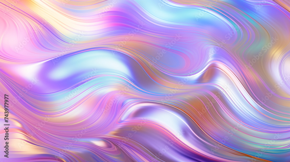 abstract colourful liquid foil texture background with gradient, waves and reflections, free space, aesthetic delicate  pink, blue, violet, yellow pastel shades. 3d rendering illustration imitation