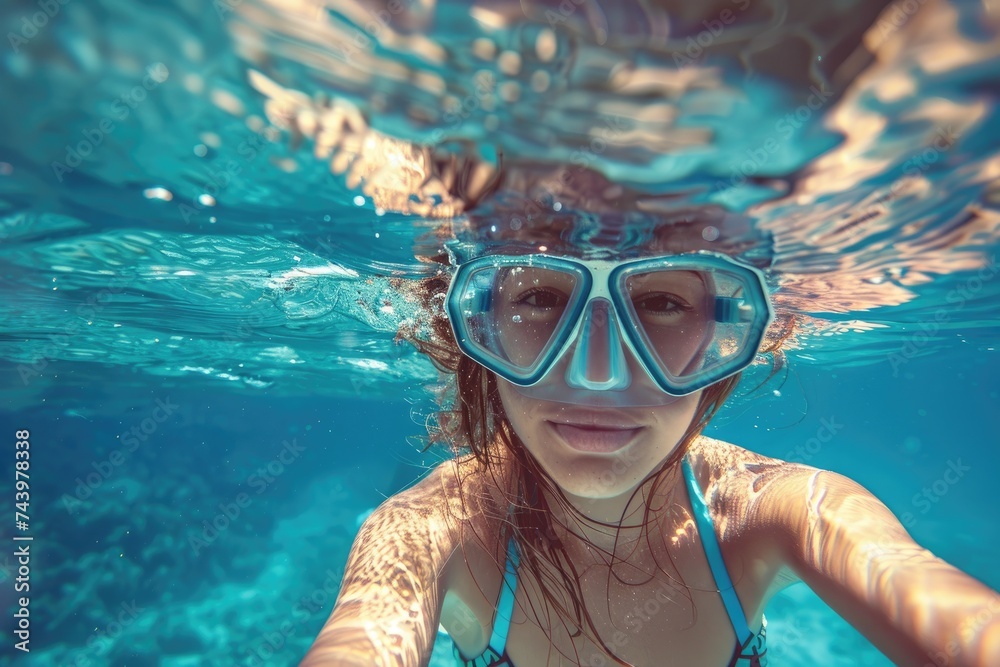 Woman in snorkeling mask dive underwater, see tropical fishes in coral reef sea. Travel adventure