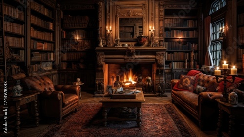 A cozy library with a fireplace and shelves of old books. A sense of nostalgia and intellectual calm.