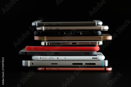 A pile of different smartphones isolated on a black background.