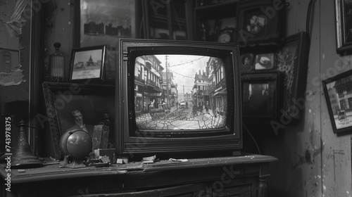 Historic TV with black and white picture. A feeling of nostalgia and melancholy