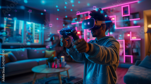 Engrossed Gamer Experiencing Virtual Reality Games in a Vibrant Home Entertainment Setup 