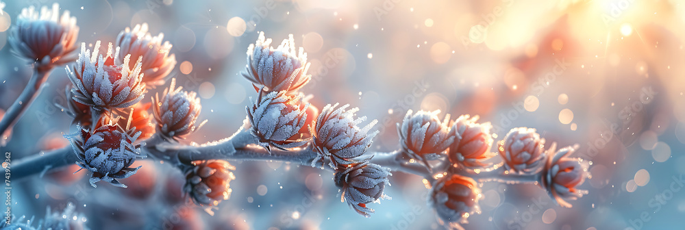 Icy tendrils of frost delicately embracing dormant plants in a winter wonderland, capturing the quiet magic of the season's embrace