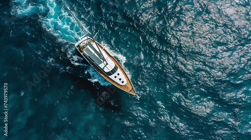 An aerial view captures a luxury yacht sailing in the vast expanse of the ocean on a bright, sunny day © Pillow Productions
