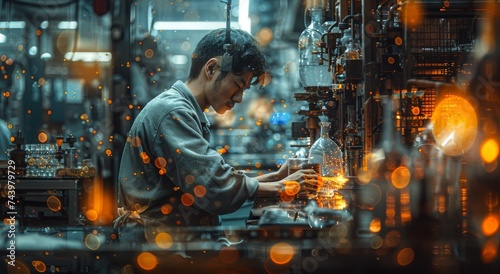 A blue-collar worker toiling in a bustling factory, surrounded by clanging metal and covered in sweat-stained clothing, while the hustle and bustle of the busy street outside fades into the backgroun photo