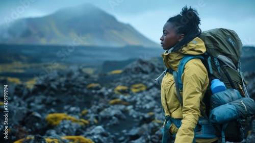 African American Woman hiking in black Volcano surface
