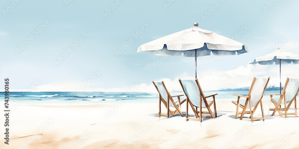 minimalistic design Beautiful beach banner. White sand, chairs and umbrella travel tourism wide panorama