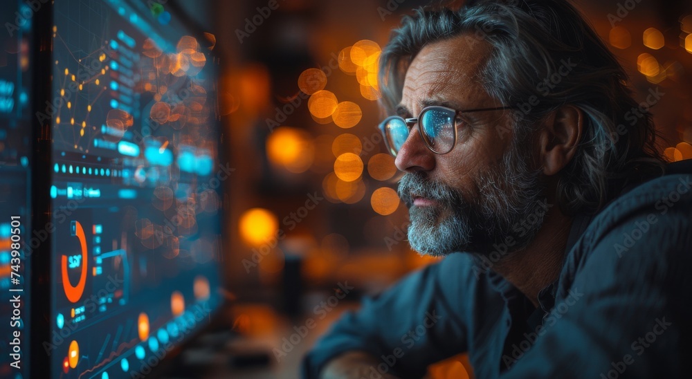 A bearded man sits in front of a glowing computer screen, his glasses reflecting the light of the indoor room as he browses through a screenshot at night A bearded man sits in front of a glowing computer screen, his glasses reflecting the light of the indoor room as he browses through a screenshot at night