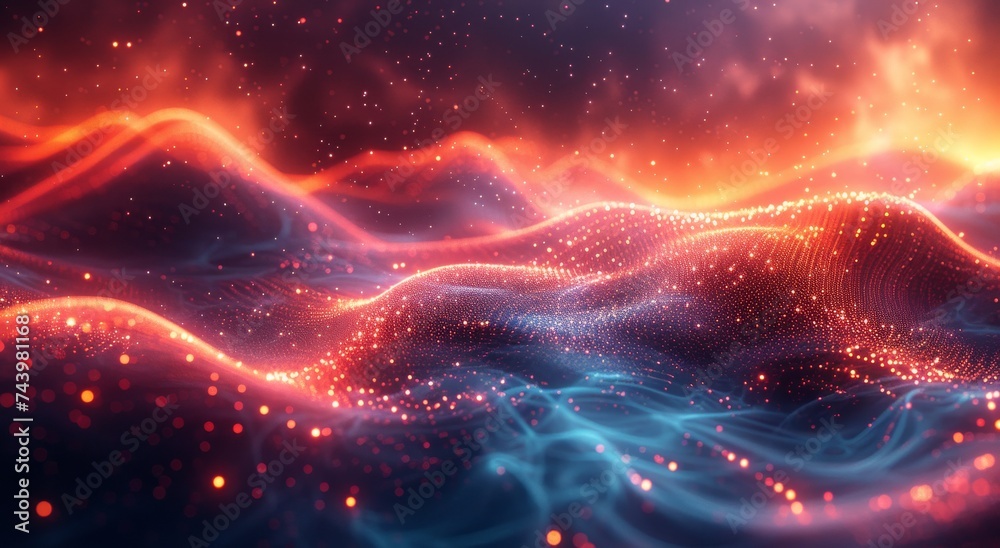 Obraz premium A cosmic collision of vibrant red and blue lights, merging nature and the vastness of the universe in a stunning display of celestial beauty