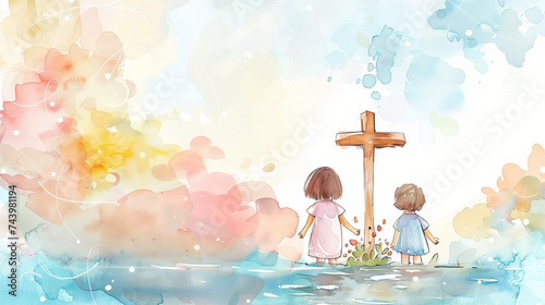 Adorable children illustration in watercolors, christian theme with a cross and 2 children. Easter in about Jesus Christ on the cross and his resurrection. 