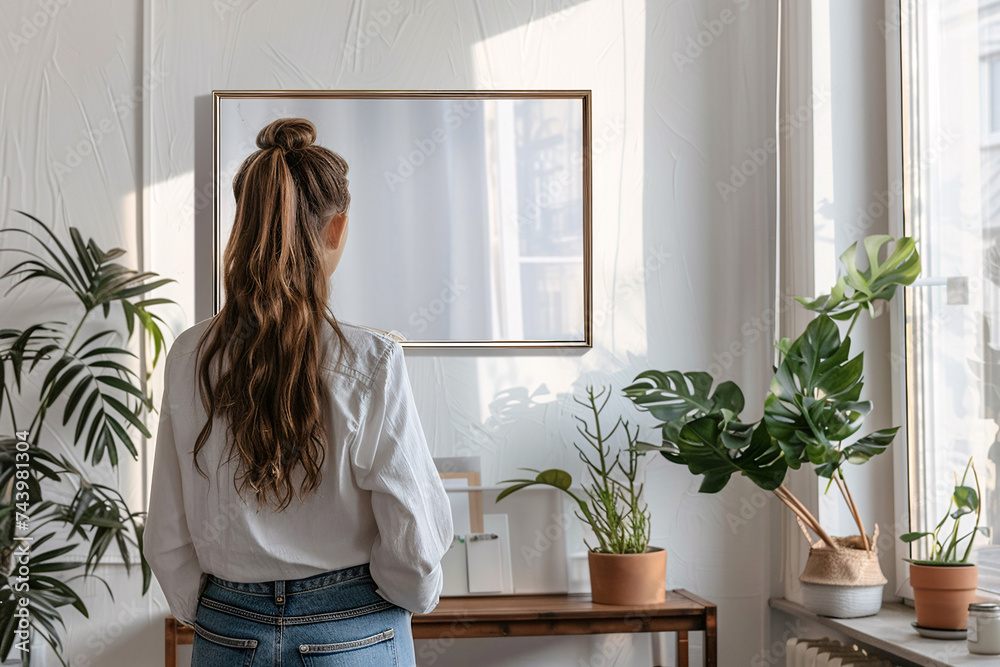person standing next of mockup frame, frames on the wall, mockup frame, empty frame mock up person standing next of mockup frame, frames on the wall, mockup frame, empty frame mock up