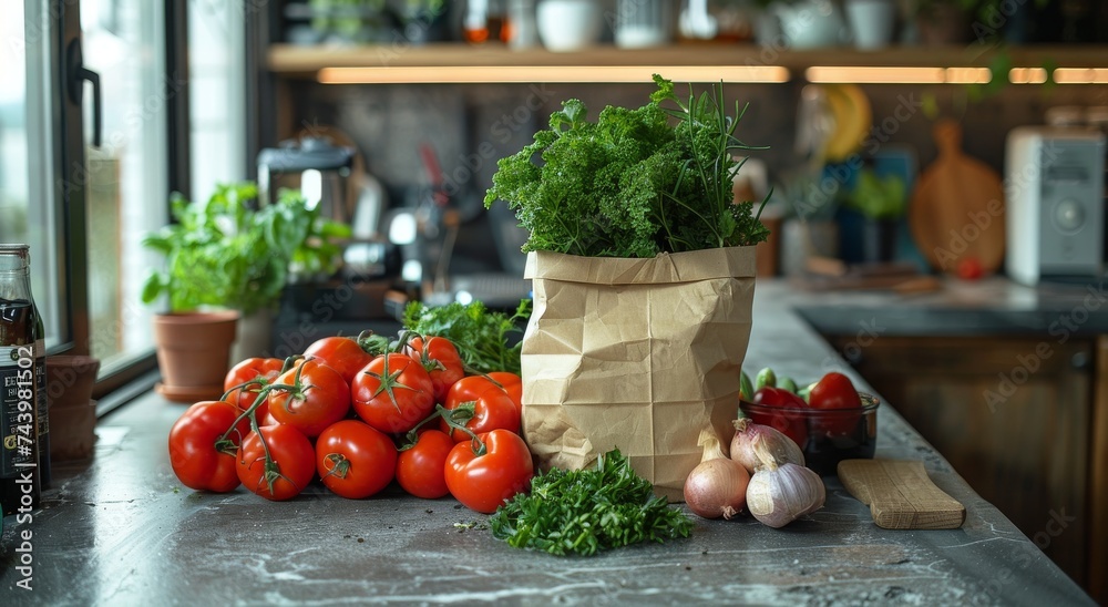 An inviting array of vibrant vegetables and leafy greens sit on the kitchen counter, showcasing the beauty and nourishment of natural, whole foods and the benefits of a plant-based diet An inviting array of vibrant vegetables and leafy greens sit on the kitchen counter, showcasing the beauty and nourishment of natural, whole foods and the benefits of a plant-based diet