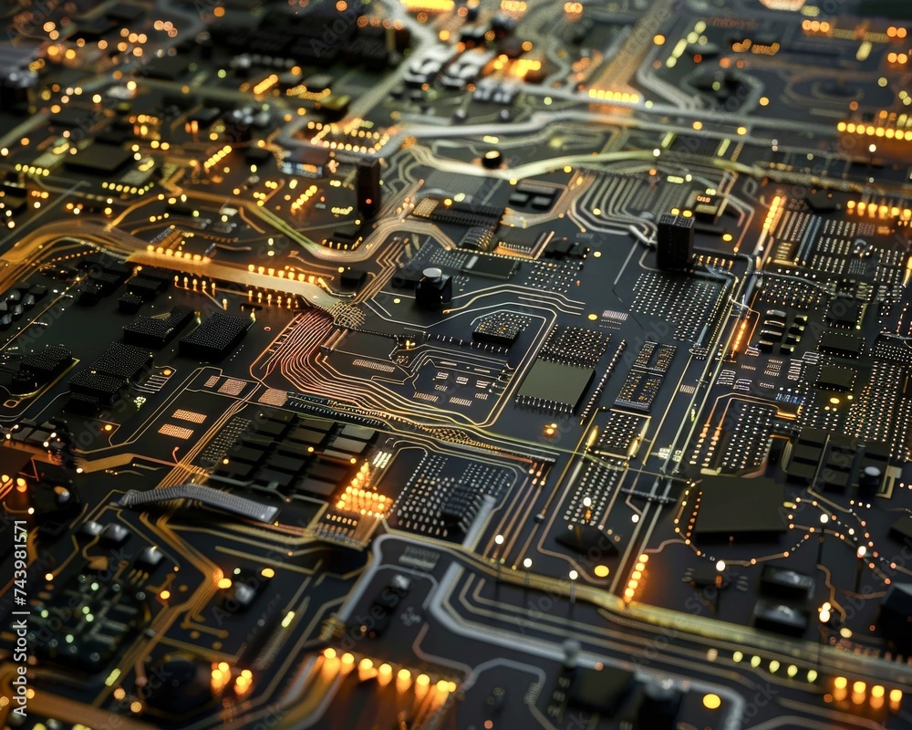 Glowing pathways on a motherboard reveal the journey of data powered by semiconductors the unsung heroes of tech
