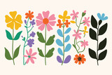 A set of fun flower and nature design elements. Flat hand drawn vector collection