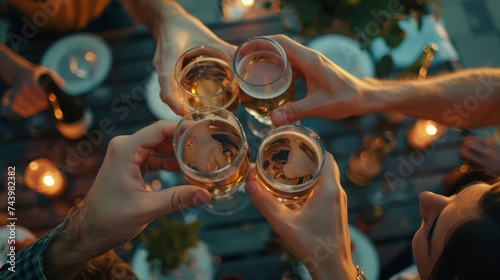 Group of friends toasting wine glasses having fun at restaurant outdoor terrace, close up shoot, top view, professional photo, great atmosphere © shooreeq