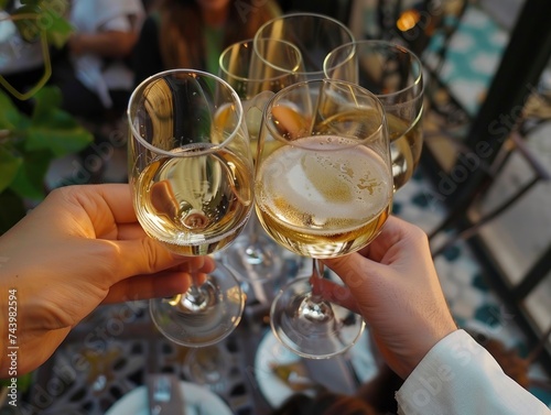 Group of friends toasting wine glasses having fun at restaurant outdoor terrace, close up shoot, top view, professional photo, great atmosphere
