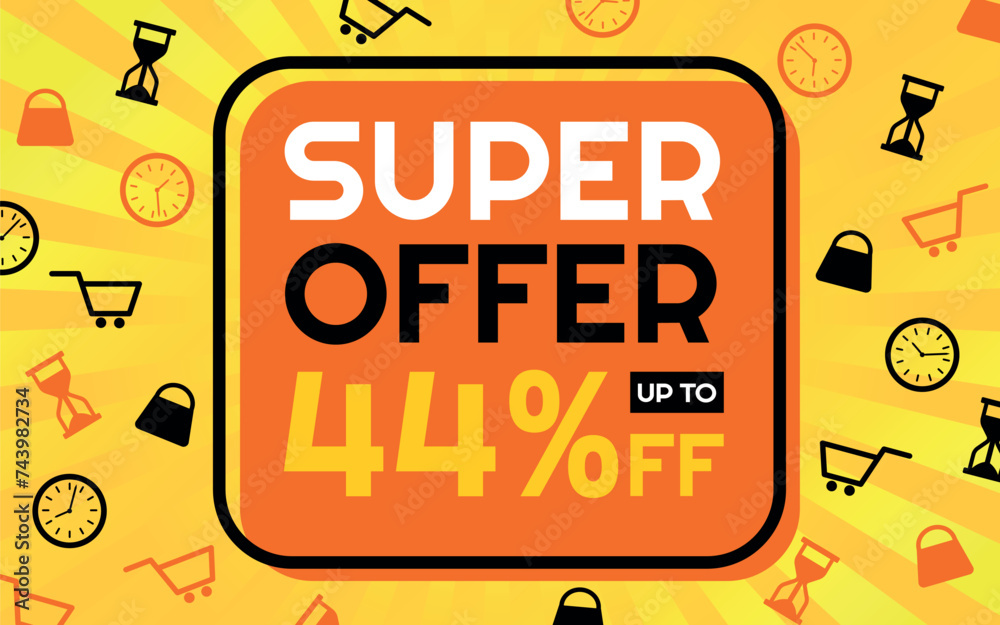 Super Offer 44% off Creative Advertising Banner, Orange, Yellow, Black and White, Sunburst Background, Shop and Limited Time Icons Super Offer 44% off Creative Advertising Banner, Orange, Yellow, Black and White, Sunburst Background, Shop and Limited Time Icons