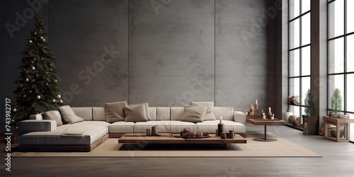 minimalistic design contemporary interior design idea. A nice, comfortable living room with a Christmas tree