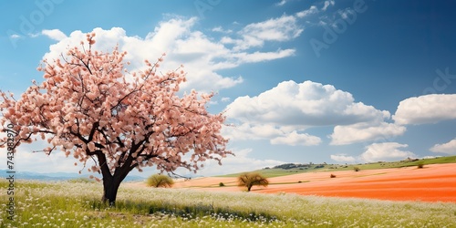 Nature outdoor blooming blossom apricot tree with many flowers on a sunny day meadow landscape scene
