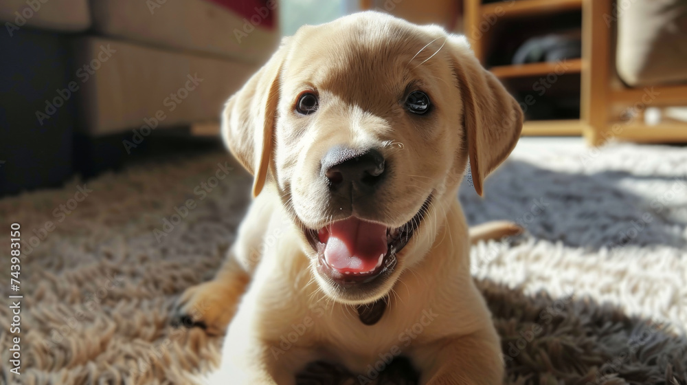 An endearing Labrador puppy with a sweet smile sits on a fluffy carpet at home, radiating warmth and happiness.