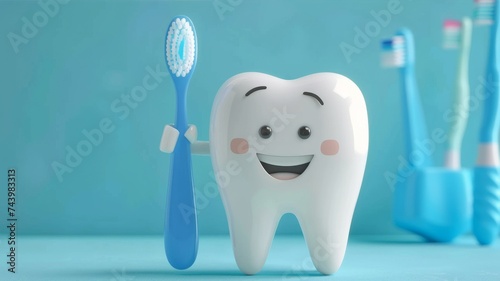 Cute white cartoon tooth hold toothbrush with paste in bathroom. Healthy teeth concept. Art illustration. People care about mouth hygiene. Morning and evening routine. Dental health. Blue background.
