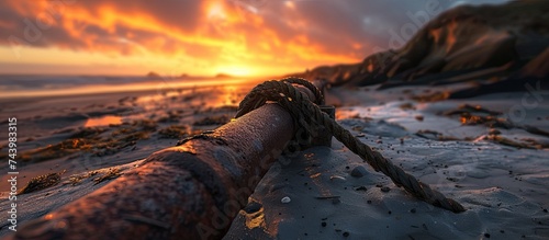 An iron pipe secures a joot rope on the beach, with a stunning sunset as the backdrop. photo