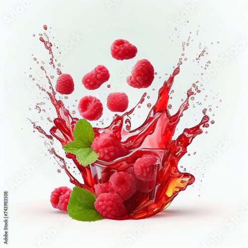Raspberries in juice splash isolated on white background, Ai generated image