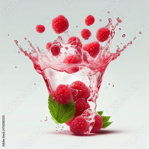 Raspberries in juice splash isolated on white background, Ai generated image